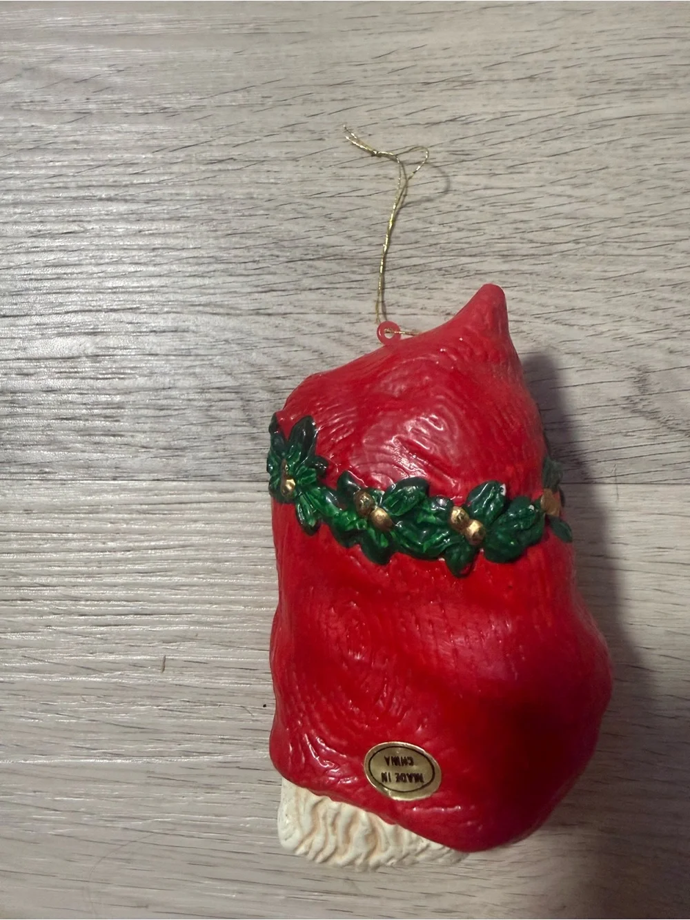 Vintage Santa Claus Face Hanging Christmas Ornament Red Hood Green Holly Garland